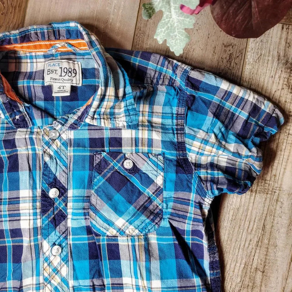 PLACE Blue and White Plaid 100% Cotton Button Down Short Sleeve Shirt Size 4T - Picture 8 of 14